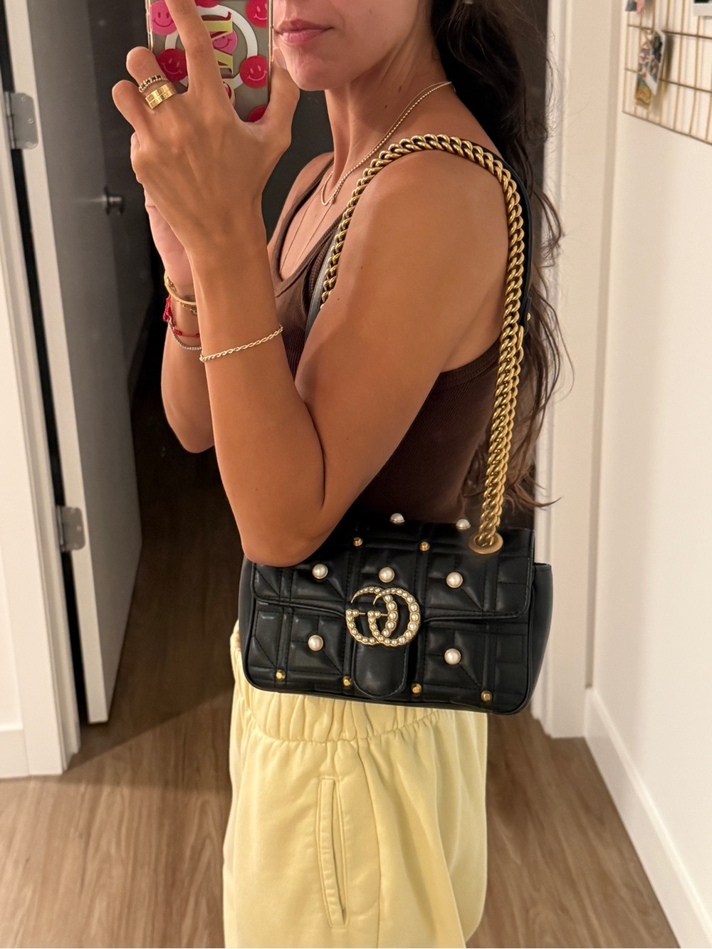Gucci Black Quilted Shoulder Bag with Pearl Embellishments and Gold Chain - Picture 2 of 9